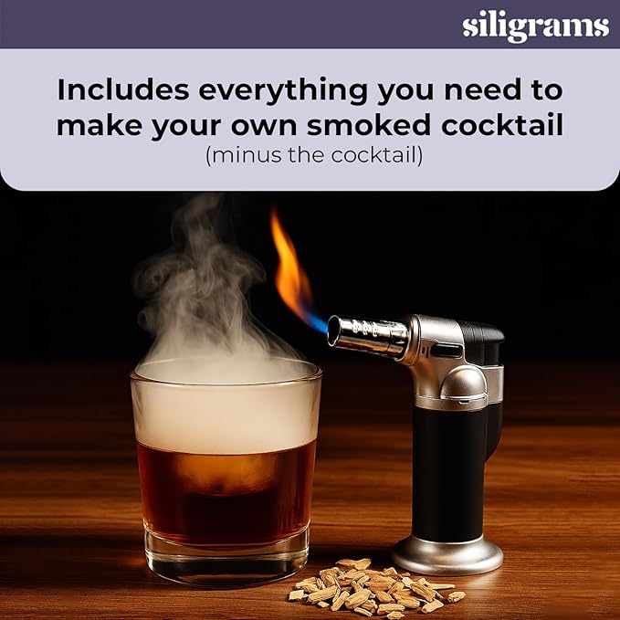 Siligrams Cocktail Smoker Set | Premium Bourbon Smoker Kit for Whiskey, Old Fashioned, and Cocktails | Includes Butane Torch (Butane Not Included) & Wood Chips | Smoker Drink Kit & Smoke Whiskey Kit