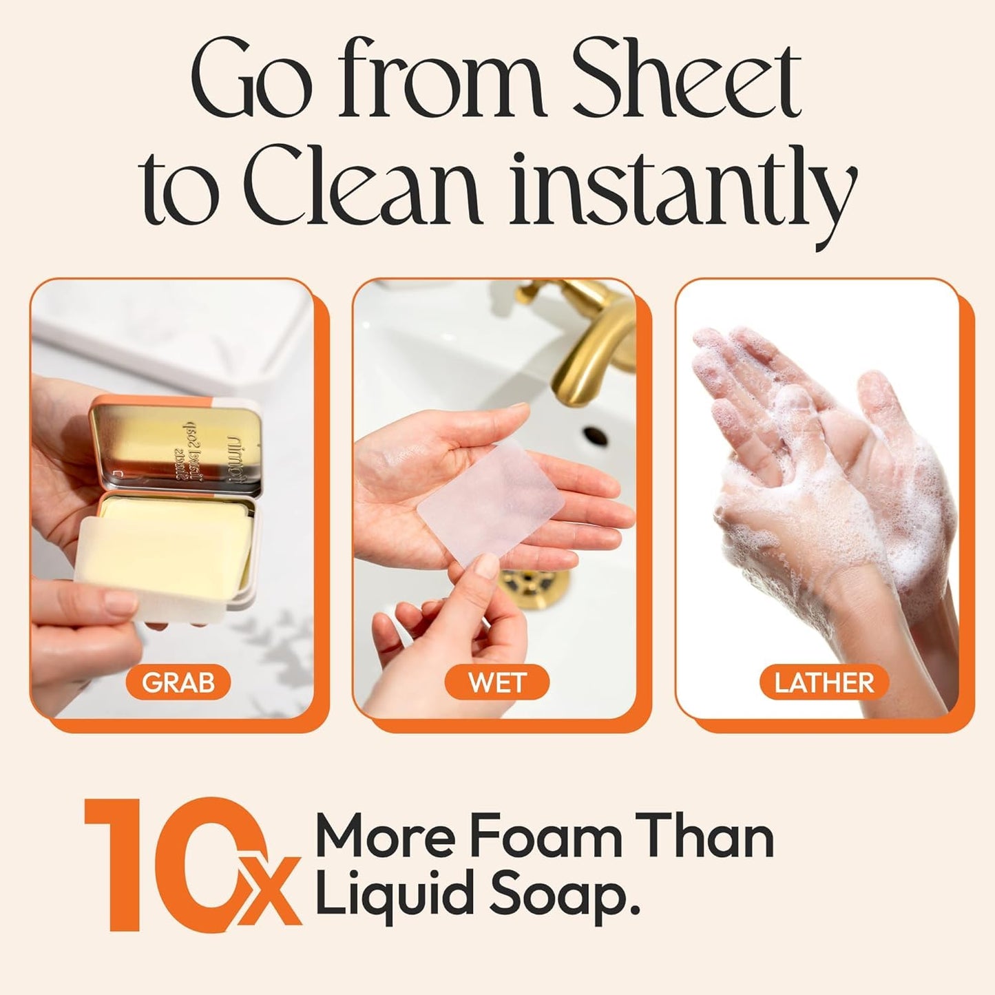 FOMIN - Antibacterial Paper Soap Sheets Tin for Traveling - (300 Sheets) Orange - Portable Travel Hand Soap Sheets, Dissolvable Mini Camping Hand Soap for Hand Washing