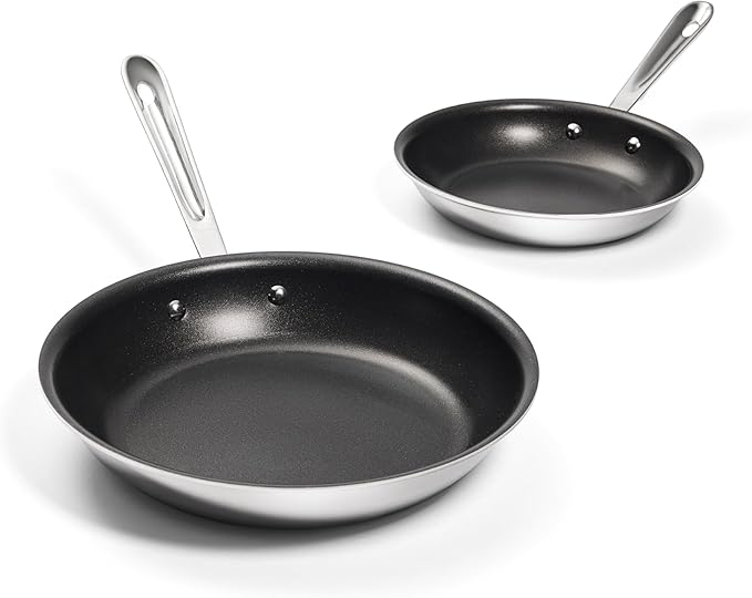 All-Clad Stainless Steel Pro Nonstick Frying Pan Set – 8 & 10 Inch Skillets, Induction Compatible, Oven & Broiler Safe to 500°F, Professional Cookware, Silver