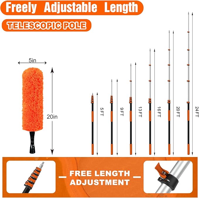 30FT Reach High Ceiling Duster Kit, Window Cleaning kit with 5-24FT Extension Pole, Fan Duster for Ceiling Fan Blades, Microfiber Feather Duster, Rotatable Window Squeegee and Cobweb Duster
