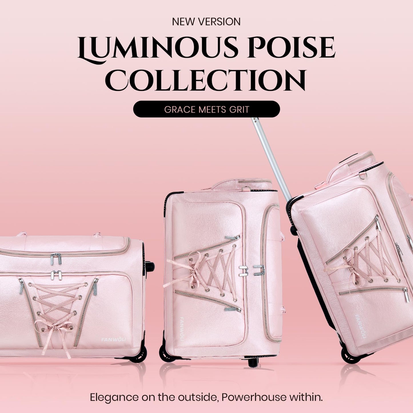 Fanwoli 23" Dance Bag with Garment Rack | Luminous Poise Collection | Waterproof Textured Shimmer | Competition Travel Duffel Luggage for Cheer, Skating, Gymnastics & Sleepover | Stardust Pink