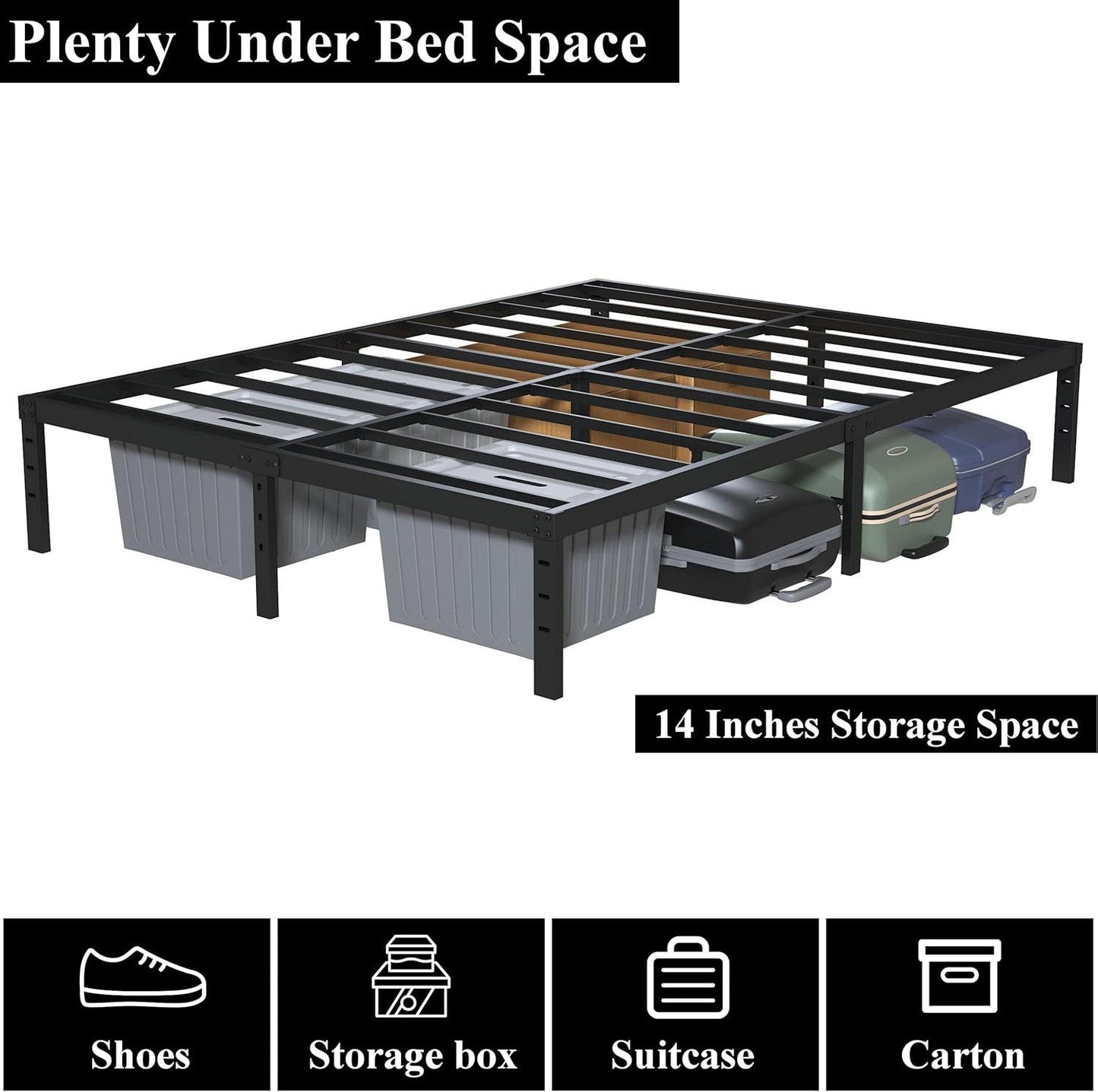 16 Inch California King Bed Frames No Box Spring Need, Platform Cal King Bed Frame with 14 Inch Storage, 3500 lbs Heavy Duty Metal Slats Support, Easy Assembly Mattress Foundation