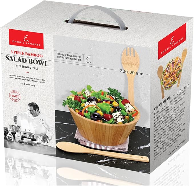 Emeril Lagasse 3-Piece Bamboo Salad Bowl Set with Utensils, 10-Inch Bowl, Eco-Friendly and Durable