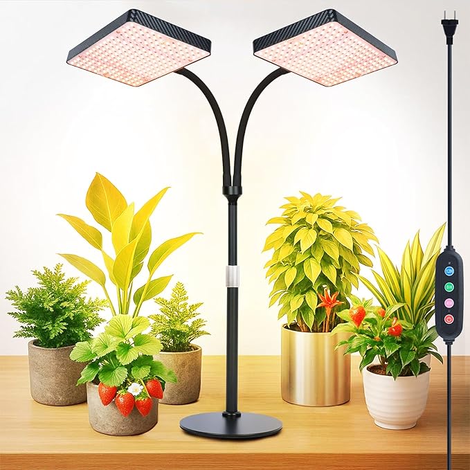 FECiDA 2-Head 50W Desk Grow Light, Tabletop Grow Lights for Indoor Plants Full Spectrum, 4/8/12/16/20 Hr Timer Bonsai Houseplants Grow Lamp, 16"-24" Height Adjustable