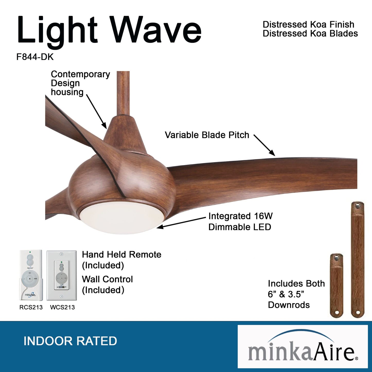 Minka-Aire F844-Dk Light Wave 52 Low Profile Ceiling Fan, Distressed Koa With Remote And Included Wall Control And 3.5 Downrod