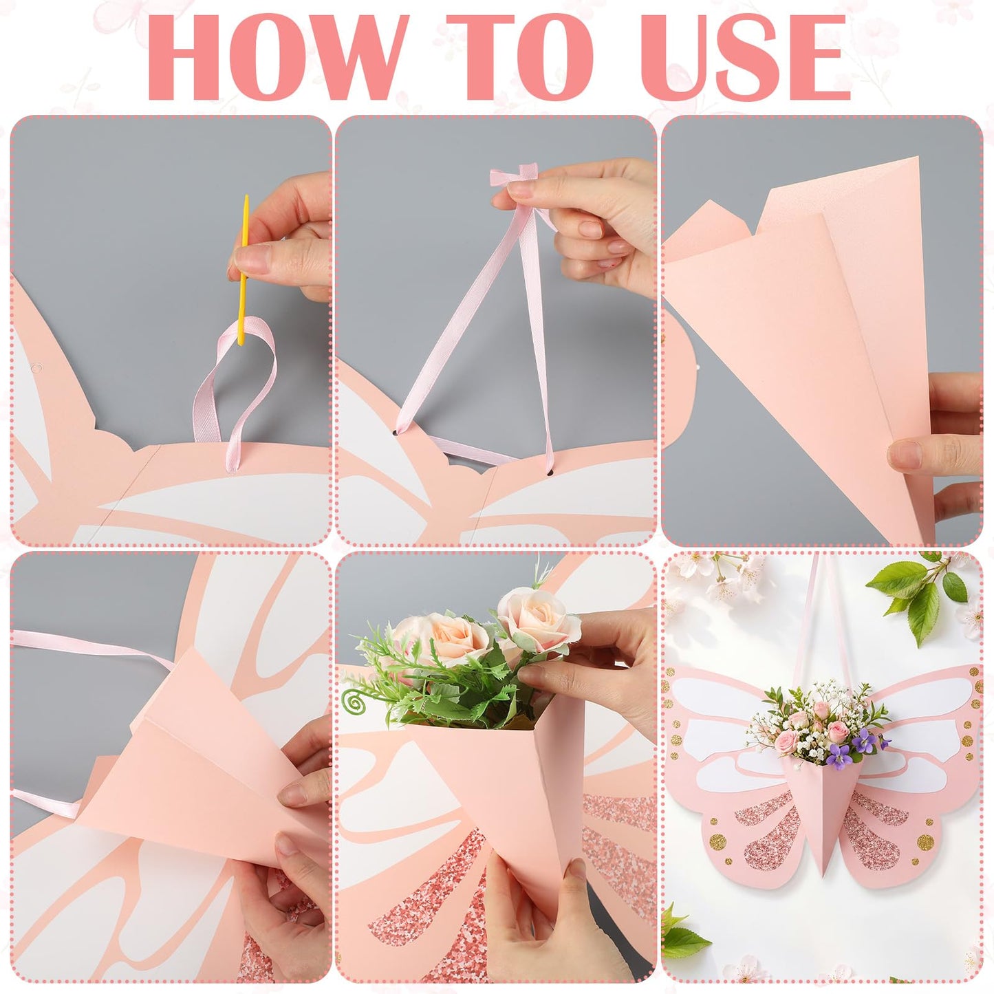 Tenceur 6 Pcs Flower Gift Bags DIY Butterfly Flower Bouquet Bags with Ribbon Pink Butterfly Shape Floral Wrapping Paper for Summer Birthday Wedding DIY Gift Bouquet Wrapping Party Supplies