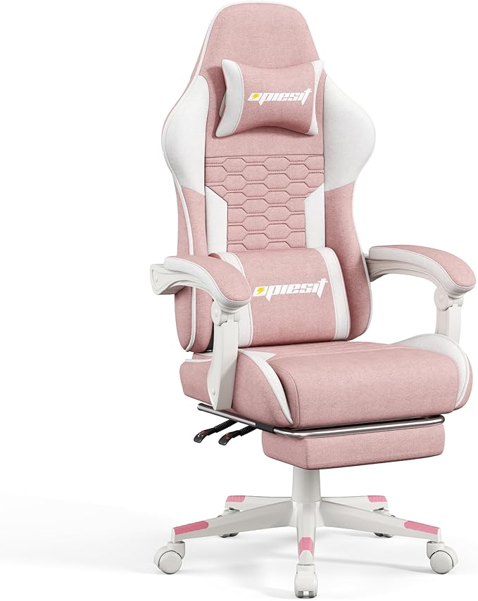 Gaming Chair, Fabric Computer Chairs with Lumbar Support and Massager, Ergonomic Office Chair with Footrest & Pocket Spring Cushion, Bearing 400 LBS（Pink）