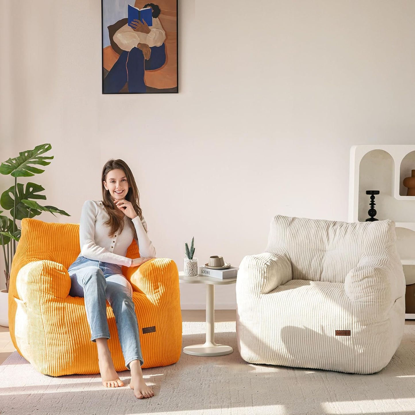 MAXYOYO Bean Bag Chair, Tufted Bean Bag Couch Lazy Chair, Living Room Sofa Couch with Filler for Adult Teens Kids, Corded Fabric Accent Sofa for Bedroom Dorm, Orange