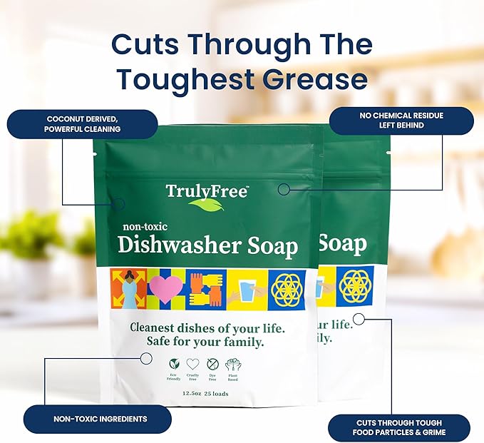 Truly Free Dishwasher Detergent Powder | Natural Dish Detergent, Dishwasher Soap | Plastic Free, Plant-Based, Clean, Heavy Duty Hard Water Stain & Grease Remover | Fragrance Free | 12.5 oz (Pack of 3)