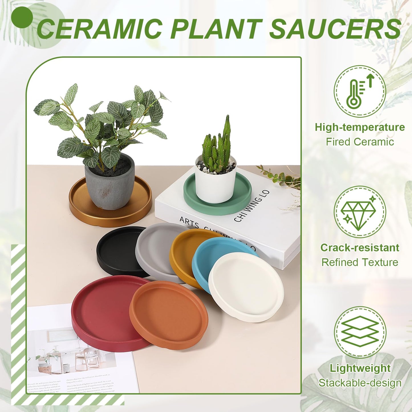 YELARXI 6.7 Inch Ceramic Plant Saucers, Round Flower Planter Water Trays Ceramic Plant Saucer Pot Tray -Fitting for (Outdoor/Indoors/Garden/Planting/Water/Flower/Coffee) Light Gray