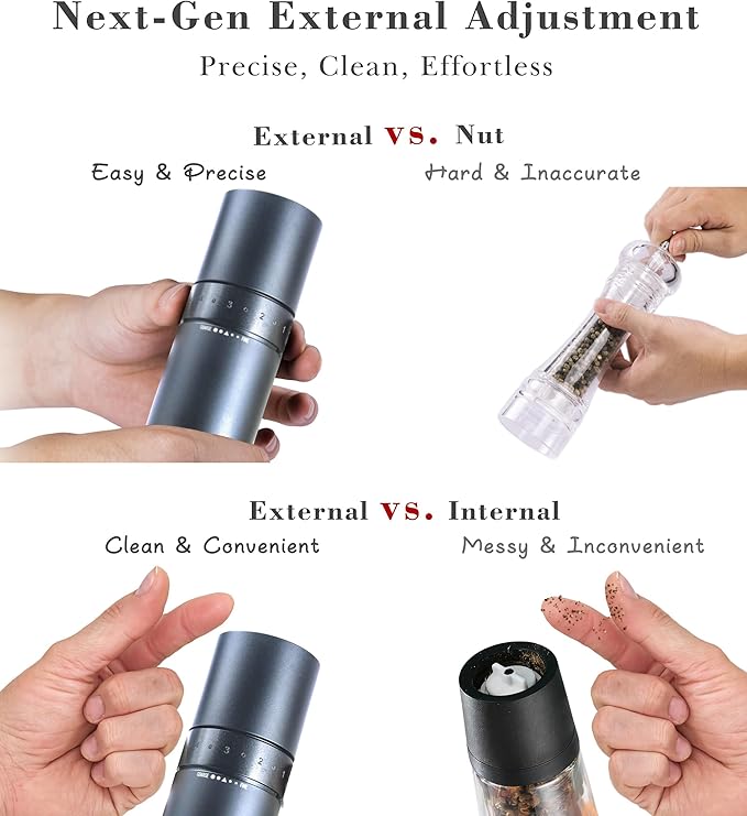 External Adjustable Pepper Grinder — Heavy-Duty All-Metal Manual Mill for Fast, Precise Grinding and Clean, Effortless Seasoning (Deep Gray)