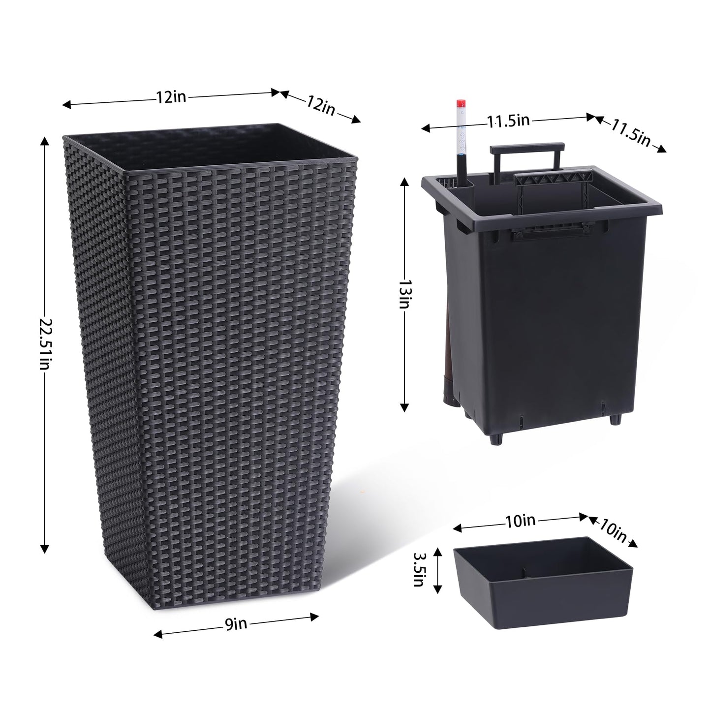 22.4" Black Tall Planters Outdoor Set of 2, Large Black Flower Pots Outdoor with Drainage Holes & Automatic Watering System, Modern Large Resin Planters for Outdoor Plants, Front Porch, Deck, Rattan