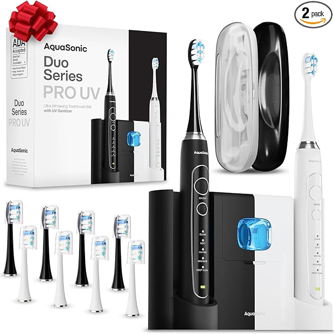 Aquasonic Duo Series PRO UV - ADA Accepted Electric Toothbrushes with UV Sanitizer - Inductive Charging Base - 5 Modes with Smart Timers - 10 Proflex Brush Heads & 2 Travel Cases