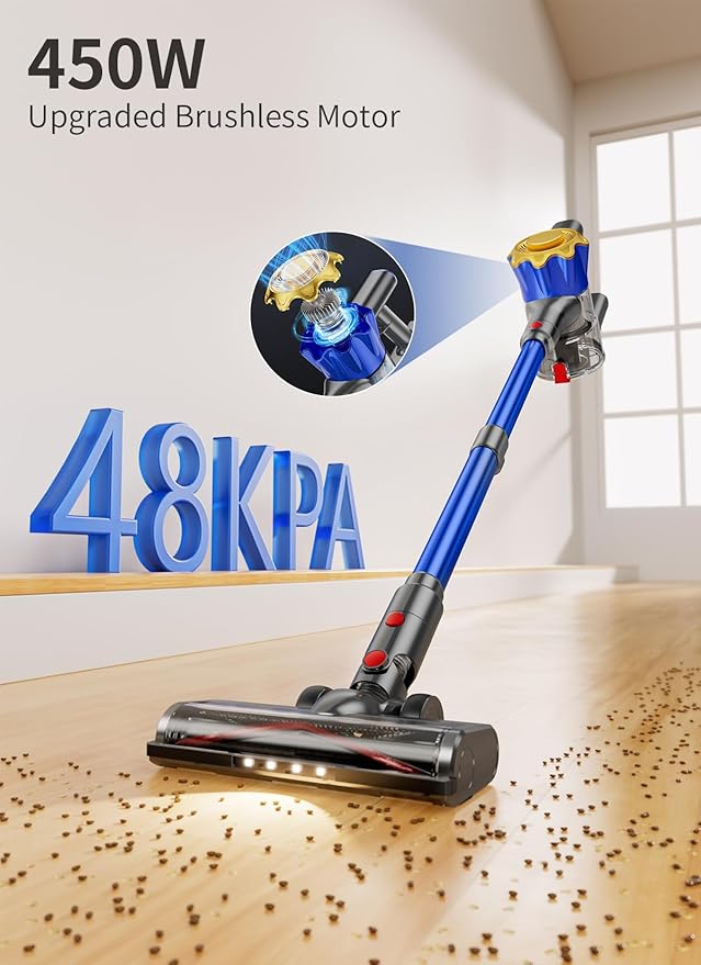 Cordless Vacuum Cleaner, 450W 48Kpa Powerful Stick Vacuum, Up to 65Mins Rechargeable Battery, Vacuum Cleaners for Home Anti-Tangled Lightweight Handheld for Hardwood Floor, Carpets, Pet Hair