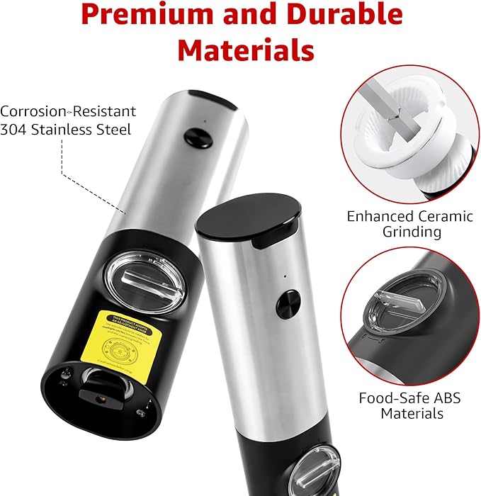 KOMOREBI Rechargeable Electric Salt and Pepper Grinder Set - Automatic Mill with Adjustable Coarseness, LED Light, Salt and Pepper Shakers,Home Kitchen Gifts