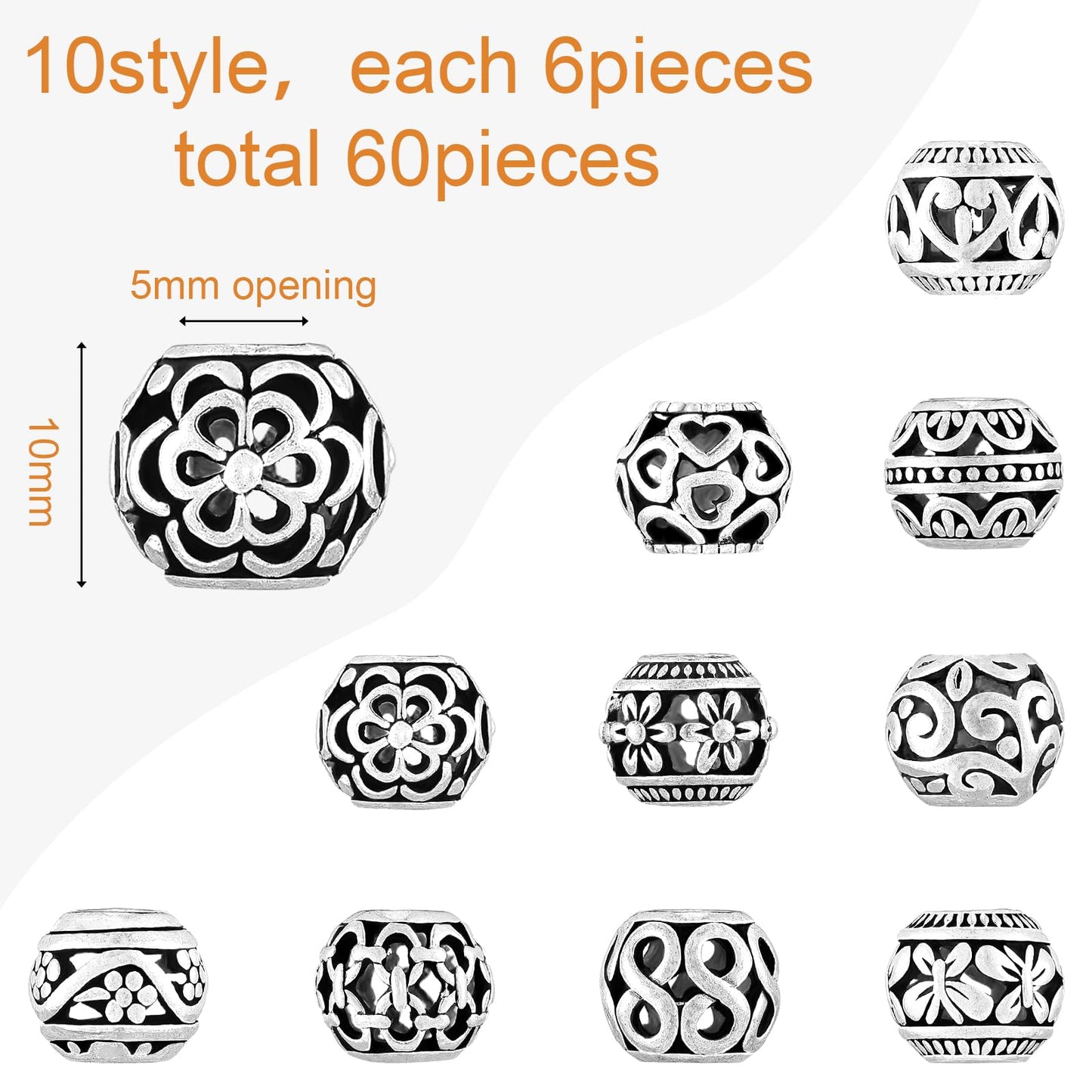 Hicarer 60 Pieces Silver Tone Spacer Loose Beads Hollow Filigree Tibetan Alloy Beads Spacer 10 mm Tiny Metal for Life Design DIY Jewelry Craft Making Necklace Bracelet Supplies