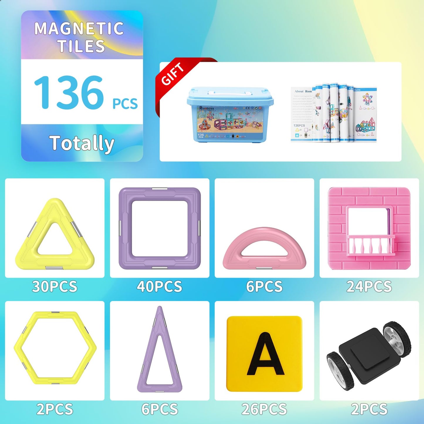Magnetic Tiles Building Blocks Toys for Kids, 136 Pieces 3D Creative Castle Construction Magnetic Stacking Set Preschool Intelligence STEM Toys for Girls Boys Age 3years and Up (Educational Set)