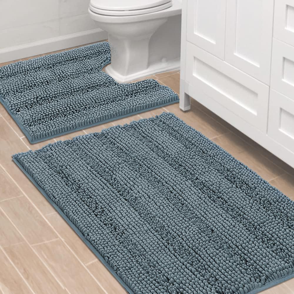 H.VERSAILTEX Bathroom Rugs Bath Rug Set 2 Piece Bathroom Contour Rug Toilet Mat Sets Non Slip Contour Bath Rug Ultra Thick Water Absorbent Striped Bath Mats(36" x 24" Plus 20" x 24" U, Stone Blue)