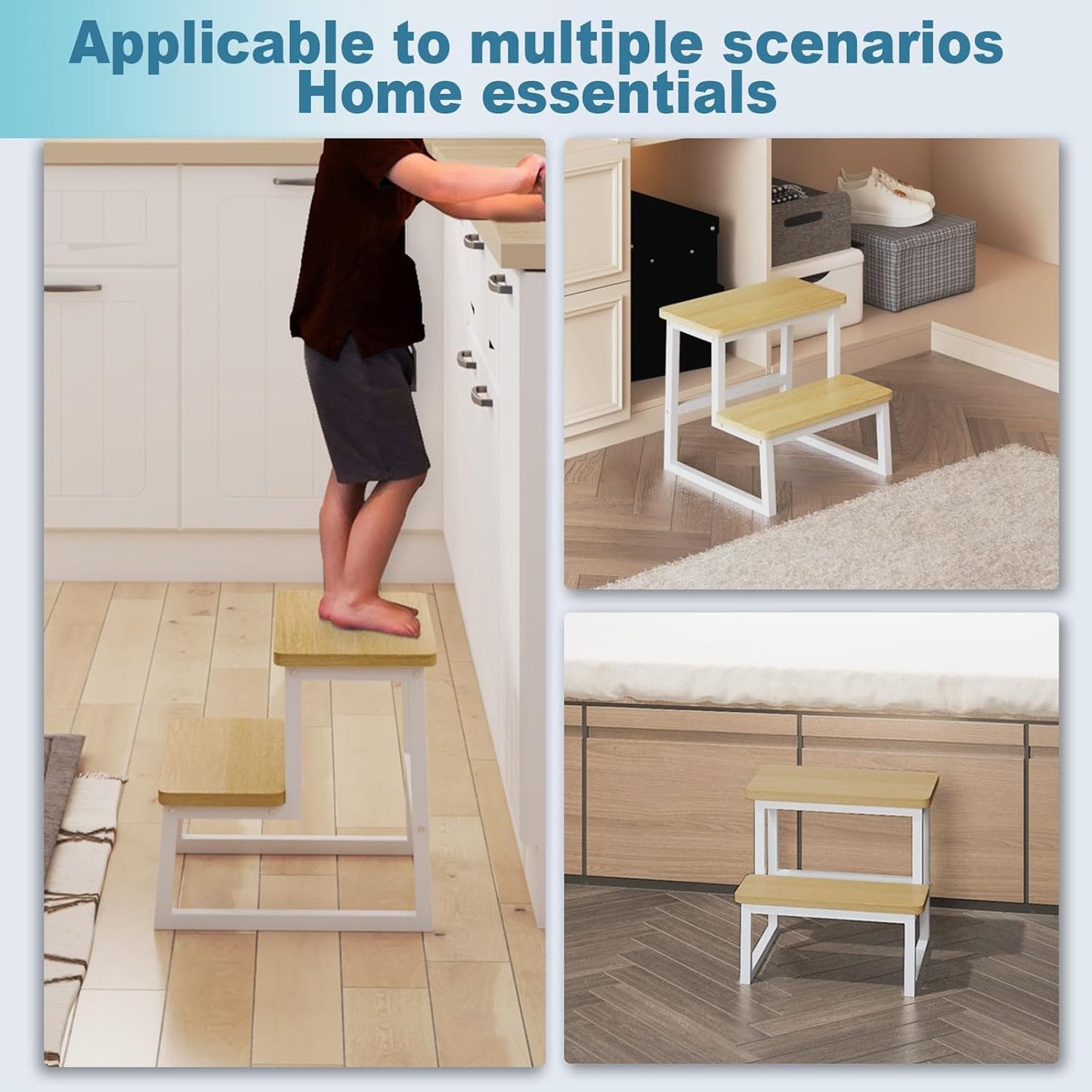 Step Stool for Adults & Kids,Holds up to 500Lbs,Heavy Duty Sturdy Steping Stool for Kichen/Bathroom/High beds, Wooden&Metal Frame, Non-Slip Rubber Pads