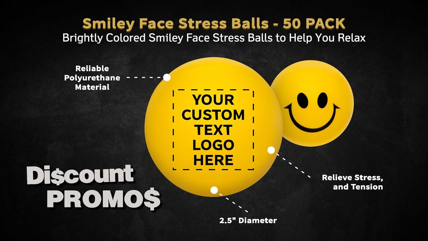 DISCOUNT PROMOS Custom Smiley Squeeze Balls Set of 50, Personalized Bulk Pack - Perfect Promotional Giveaways - Yellow