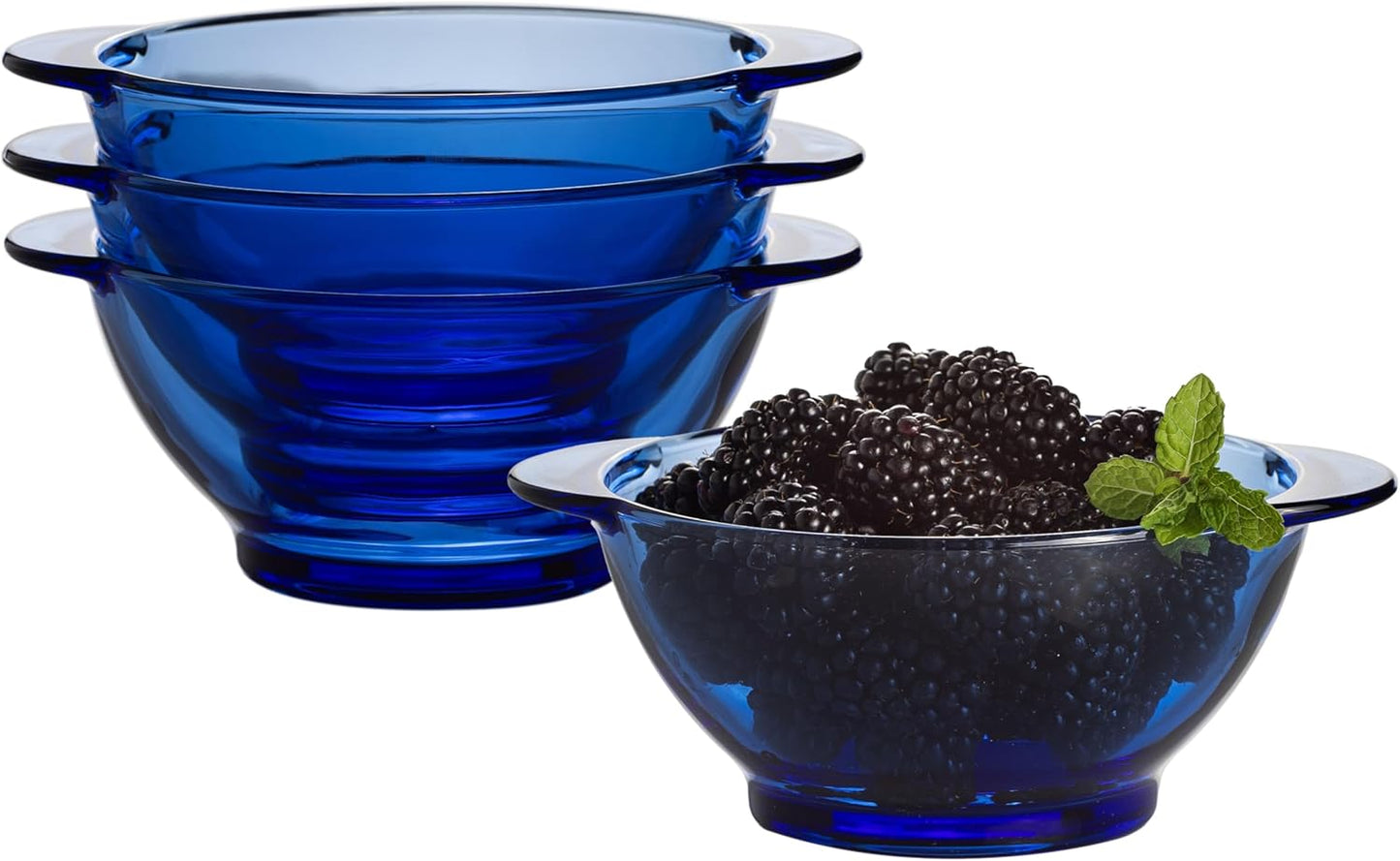 STP GOODS Glass Soup and Salad Bowl with Handles, Cobalt Transparent Glass Eating Plates, Circular Dinnerware for Salad, Bread, Dinner (Blue 4 pcs)