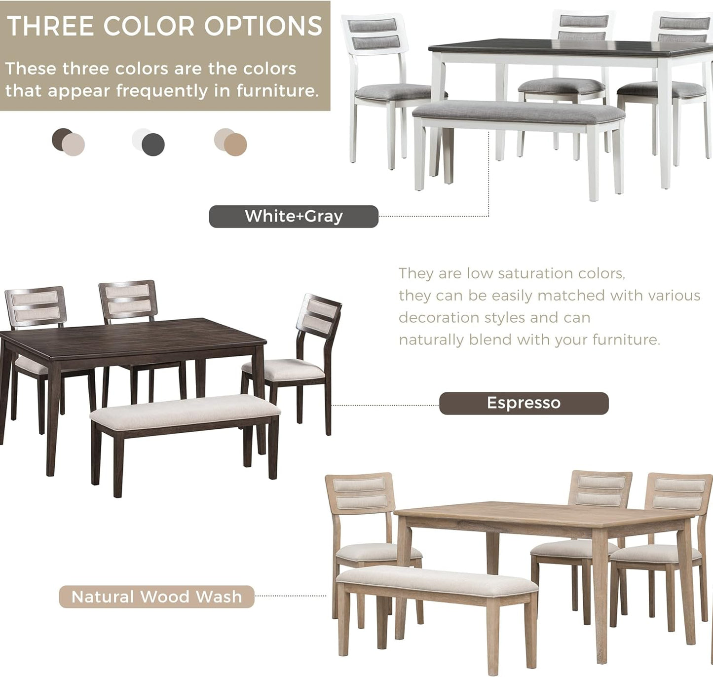 6 Pieces Dining Table Set with 60" Rectangle Kitchen Desk,Wooden Living Room Furniture W/ 4 Upholstered Chairs & 1 Bench,for Restaurant,Home Bistro,Natural Wood Wash