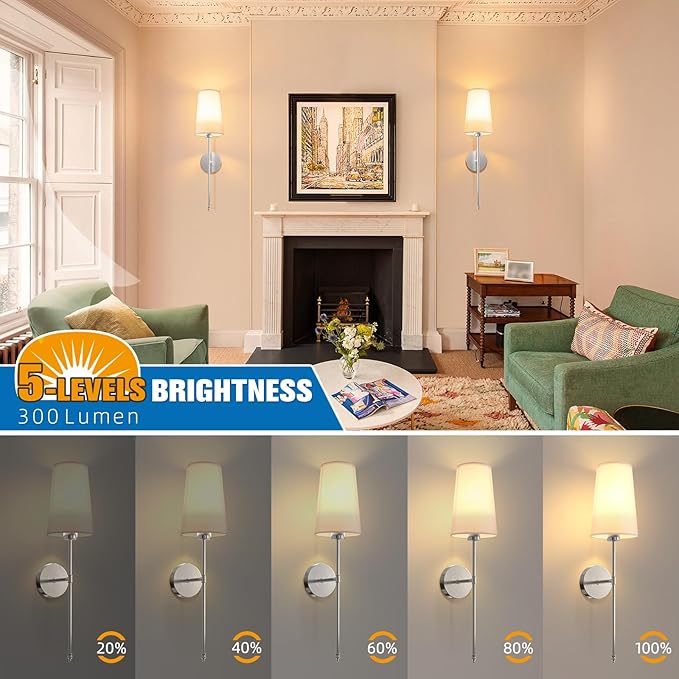 NIORSUN Brushed Nickel Battery Operated Wall Sconce Set of 2,Rechargeable Wall Lights with 5200mAh Dimmable Detachable Bulbs and Remote,9 Colors Wireless Sconces for Bedroom Living Room Hallway
