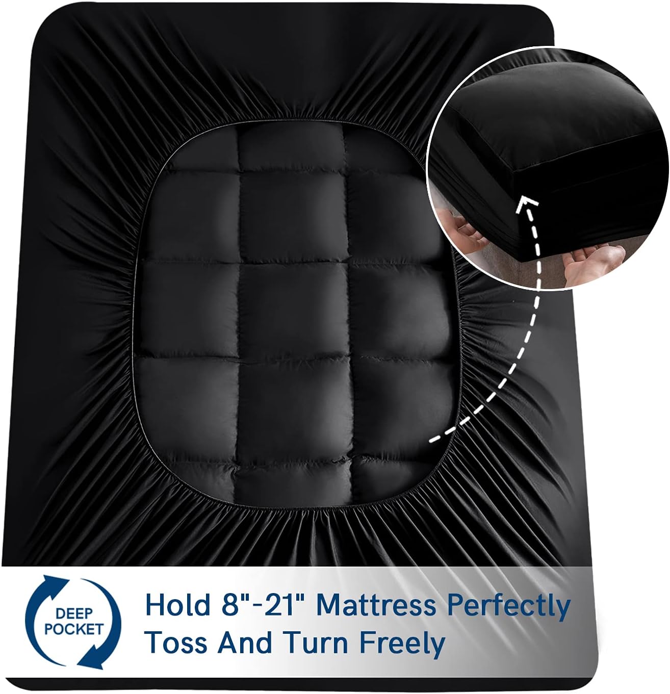 ELEMUSE Full XL Black Mattress Topper for Back Pain, Extra Thick Mattress Pad Cover, Plush Soft Pillowtop with Elastic Deep Pocket, Overfilled Down Alternative Filling