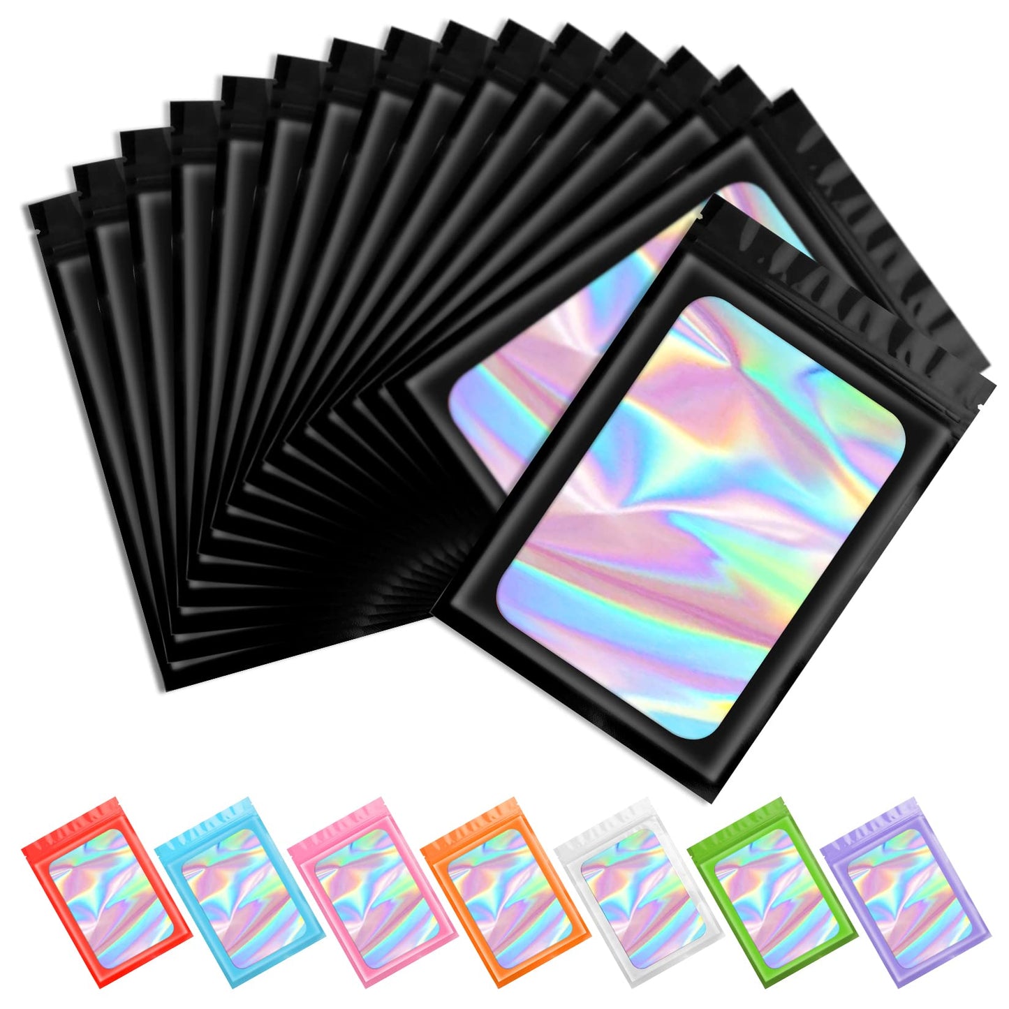 Funfery 100 pcs Black Smell Proof Mylar Holographic Packaging Bags,Clear Resealable Odor Proof Bag Foil Pouch Zipper Bag for Food Storage,Snack,Gloss,Jewelry,Lash,Card Packing for Small Busines(4x6In)