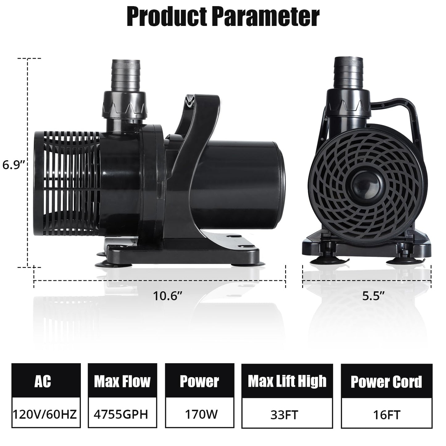 170W 4755 GPH Submersible Water Pump with Adapters, Water Pump 33 FT Lift High for Ponds, Fountains, Waterfalls and Water Circulation, Aquarium Pump Quiet Operation Vertical/Horizontal w/ 16 FT Cord