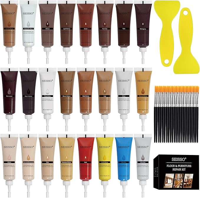 Wood Furniture Repair Kit and Filler - Set of 50 with Brushes Plastic Scraper Any Color for Stains, Scratches, Tables, Desks, Wooden Floors, Carpenters, 24 Colors (24 Colors)…