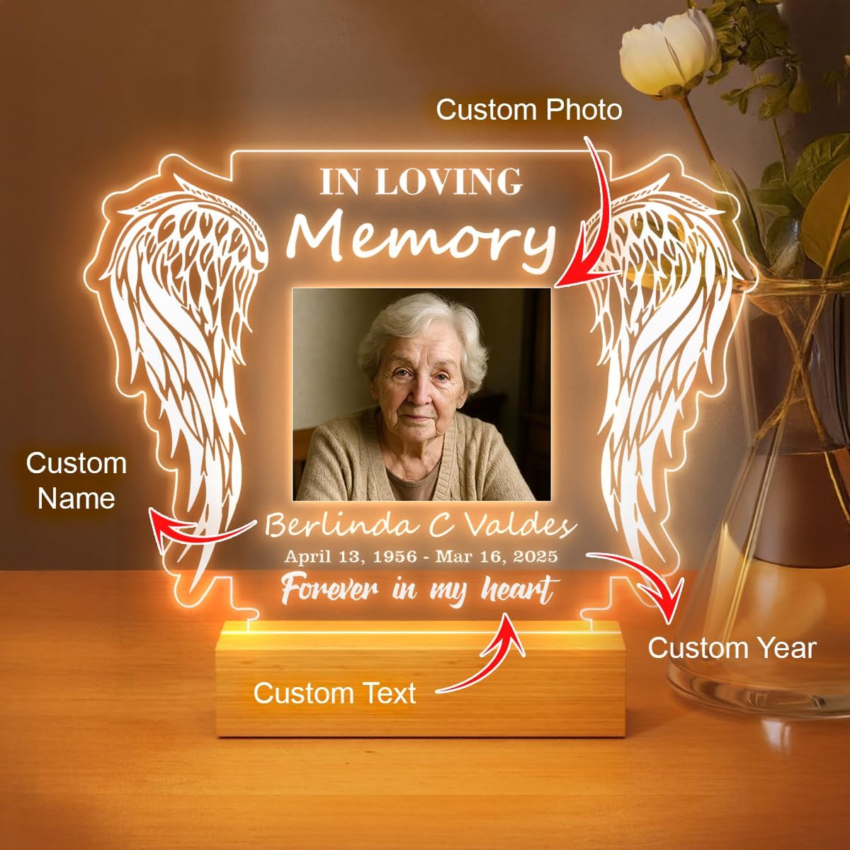 Personalized Memorial Picture Frame Night Light Lamp, Sympathy Gift for Loss of Loved One, in Memory of Dad, Mom, Husband, Sister, Friend, Funeral Mourning Ideas
