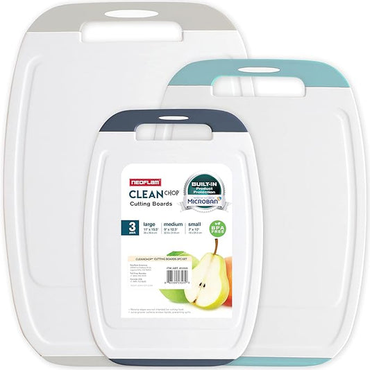 Neoflam Microban Protection Cutting Board 3 Piece Set, Stain & Odor/BPA Free, Reversable Board, Upgraded Larger Juice Groove, Non-Slip EZ Grip Handle, Dishwasher Safe,Grey