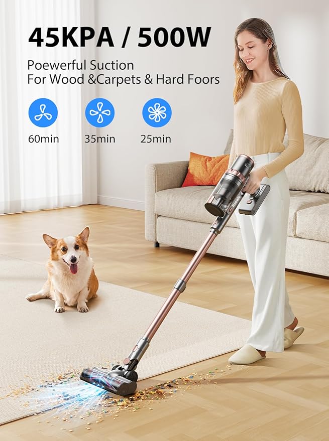Vacuum Cleaners, 45KPa Powerful Suction Cordless Vacuum Cleaner with LED Touch Display, 60mins Runtime Lightweight Stick Vacuums，Handheld Vacuums for Home, Pet Hair