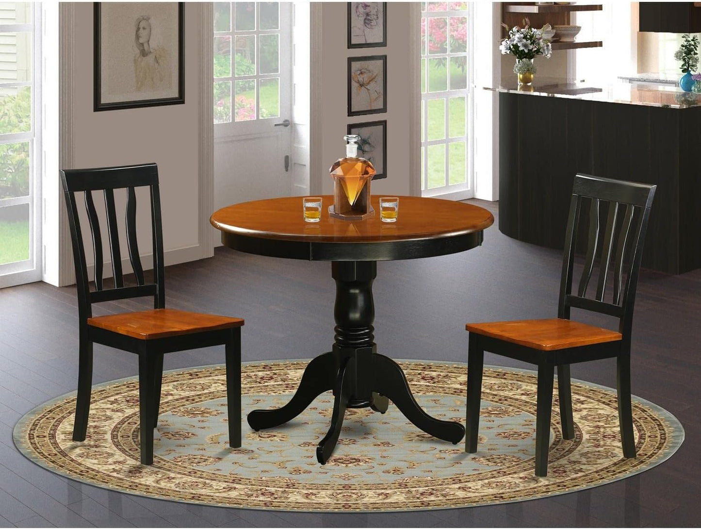 East West Furniture ANTI3-BLK-W 3 Piece Kitchen Table & Chairs Set Contains a Round Dining Room Table with Pedestal and 2 Solid Wood Seat Chairs, 36x36 Inch, Black & Cherry