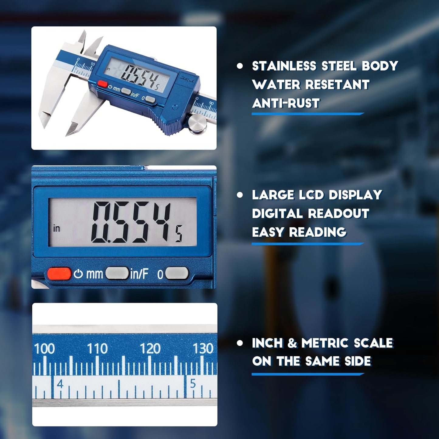 Dasqua 6” IP54 Digital Caliper, Stainless Steel Water-Resistant Precision Measuring Tool with Large LCD, Inch/Metric/Fraction Switch, Resolution 0.0005"/0.01mm/1/128, Accuracy ±0.001"/0.02mm