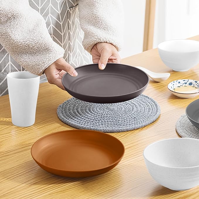 Teivio 32-Piece Kitchen Plastic Wheat Straw Dinnerware Set, Service for 8, Unbreakable Dinner Plate/Dessert Plate/Cereal Bowl/Cup,Outdoor Camping Dishes for Life/Vintage,Farmhouse,Rustic Multicolor