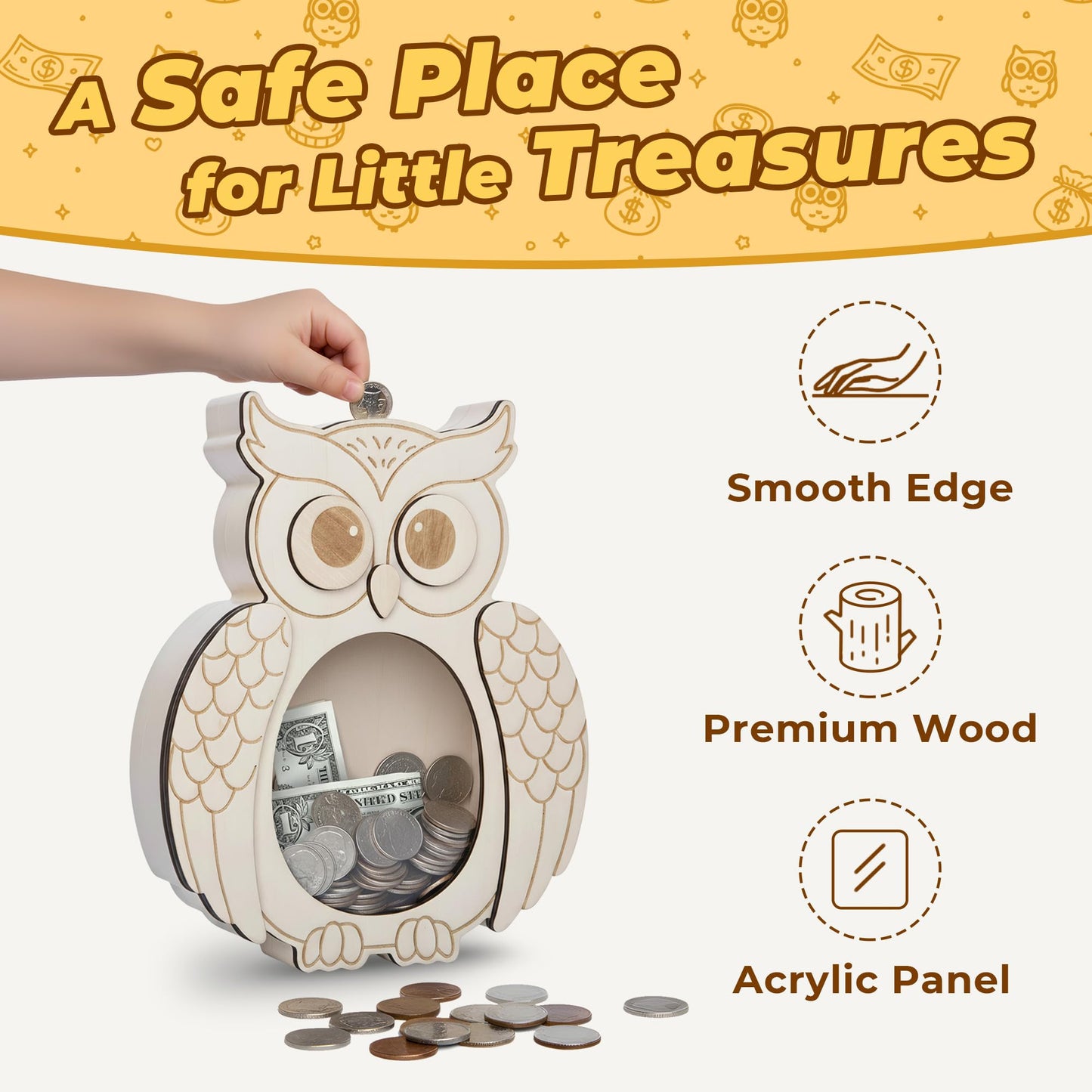 Owl Piggy Bank for Kids, Paint Your Own DIY Owl Bank with Clear Window, Wooden Savings Box for Coins and Bills, Room Decor Gift