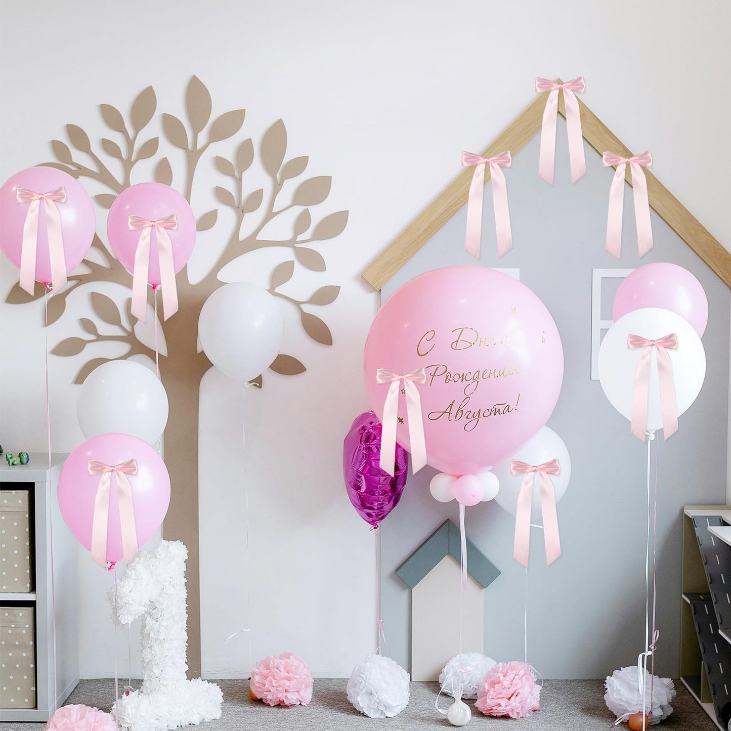 Bestanhoye 20pcs Pink Bow Decor for Girls Women, Self-Adhesive Coquette Pink Satin Ribbon Backdrop, Bows Decorations for Party Crafts Hanging Garland Banner Gift Bag