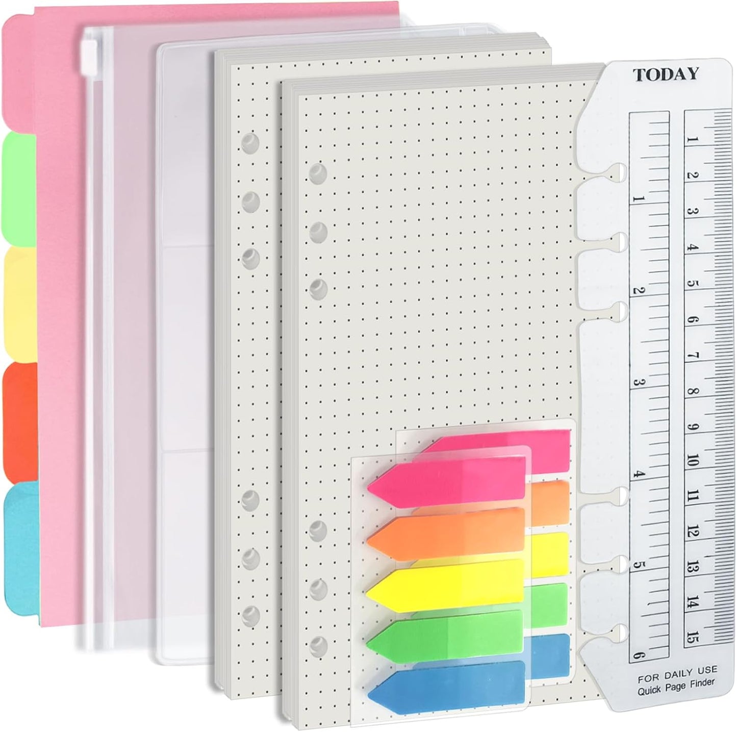 Harphia A6 6 Holes Binder Refill Value Set, 90sheets dotted loose leaf paper with stickers and dividers, planner inserts with binder pockets for A6 binder 6 holes refillable notebook,005dA6dot