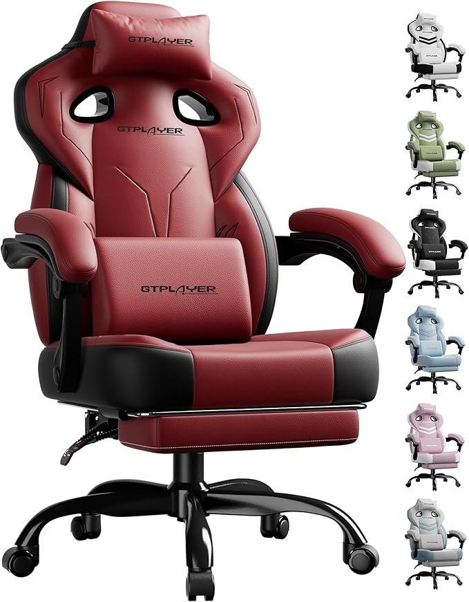 GTPLAYER Gaming Chair, Computer Chair with Footrest and Lumbar Support for Adults, 360°-Swivel Big & Tall Reclining Seat for Office or Gaming (Wine Red)