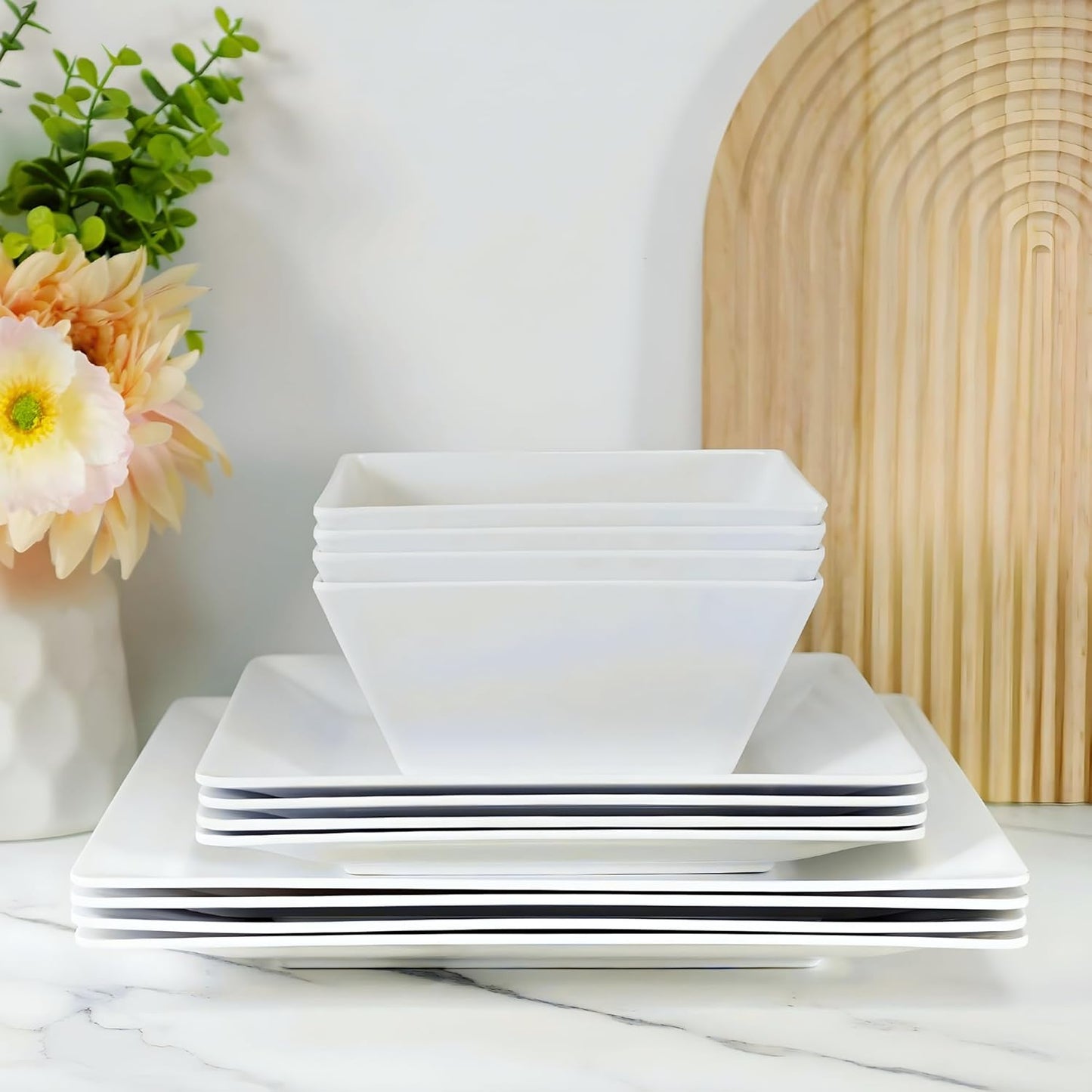 TP 12-Piece Dinnerware Set, Melamine Dishes Set with Bowls and Plates, Non-breakable and Lightweight Square Dinner Set for 4, White