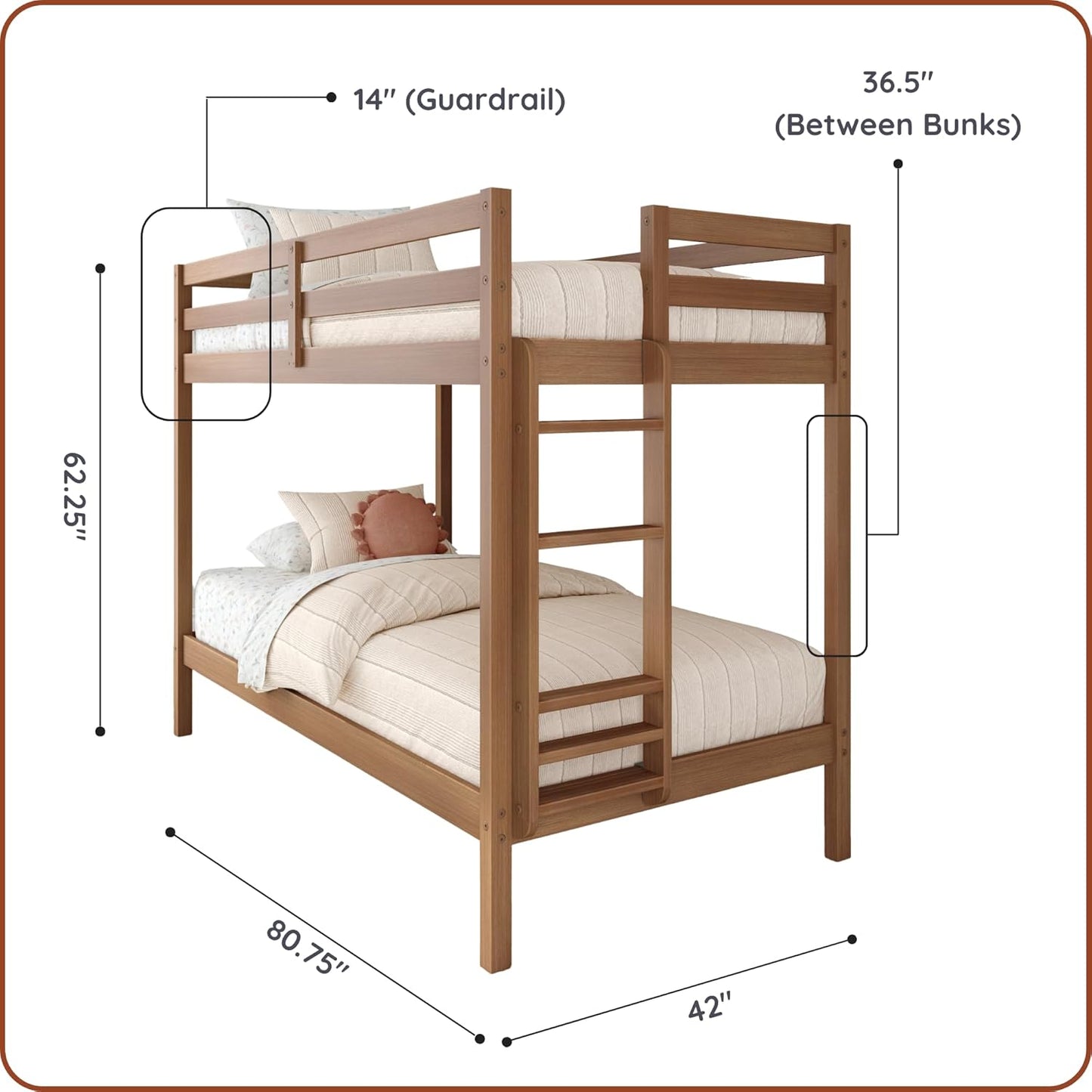 Grain & Grove Bear Twin Over Twin Bunk Bed, Sturdy Bunk Bed Frame for Kids, Plywood Bunk with Ladder, Guardrail, and Slats, No Box Spring Required, Oak Embossed Pecan