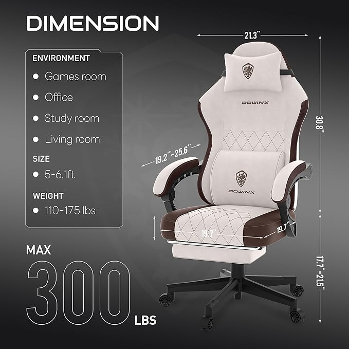 Dowinx Gaming Chair, Fabric Gaming Chairs for Adults with Pocket Spring Cushions and Lumbar Support, Ergonomic Massage Computer Chair with Footrest for Big and Tall, Brown
