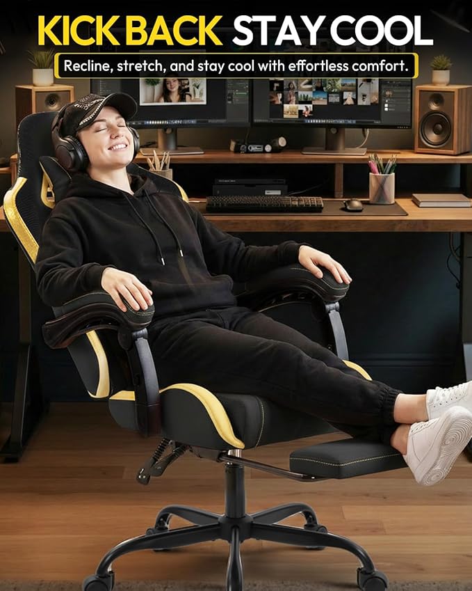Gaming Chair with Footrest, Ergonomic 330lbs Leather Mesh Chair, Massage Lumbar Support,Adjustable Height & Headrest,Breathable Seat for Office, Home, Streaming, Long Gaming Sessions, Black and Golden