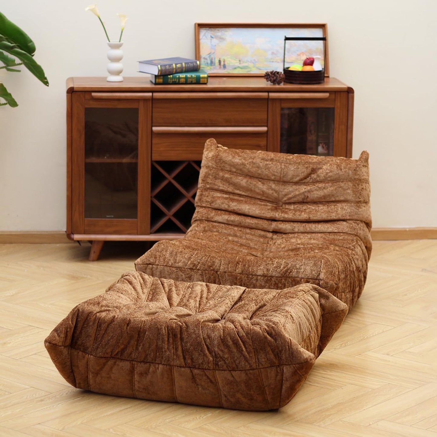 N&V Fireside Chair, Mid Century Armless Floor Sofa, Soft Premium Chenille Floor Lounge Chair, Foam Sofa Accent Chair for Living Room Bedroom and Office (Brown, Ottoman)