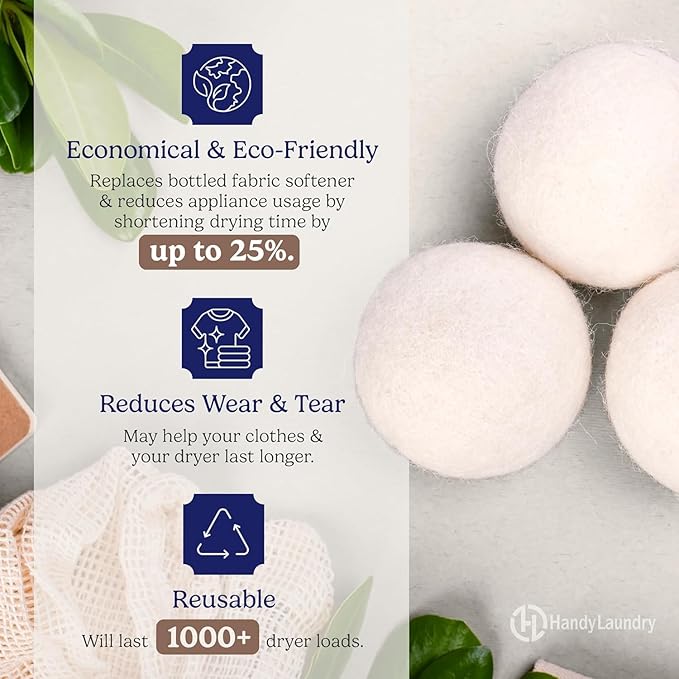 Handy Laundry Wool Dryer Ball - Natural Fabric Softener, Reusable, Reduces Clothing Wrinkles and Saves Drying Time - Better Alternative to Plastic Balls and Liquid Softener
