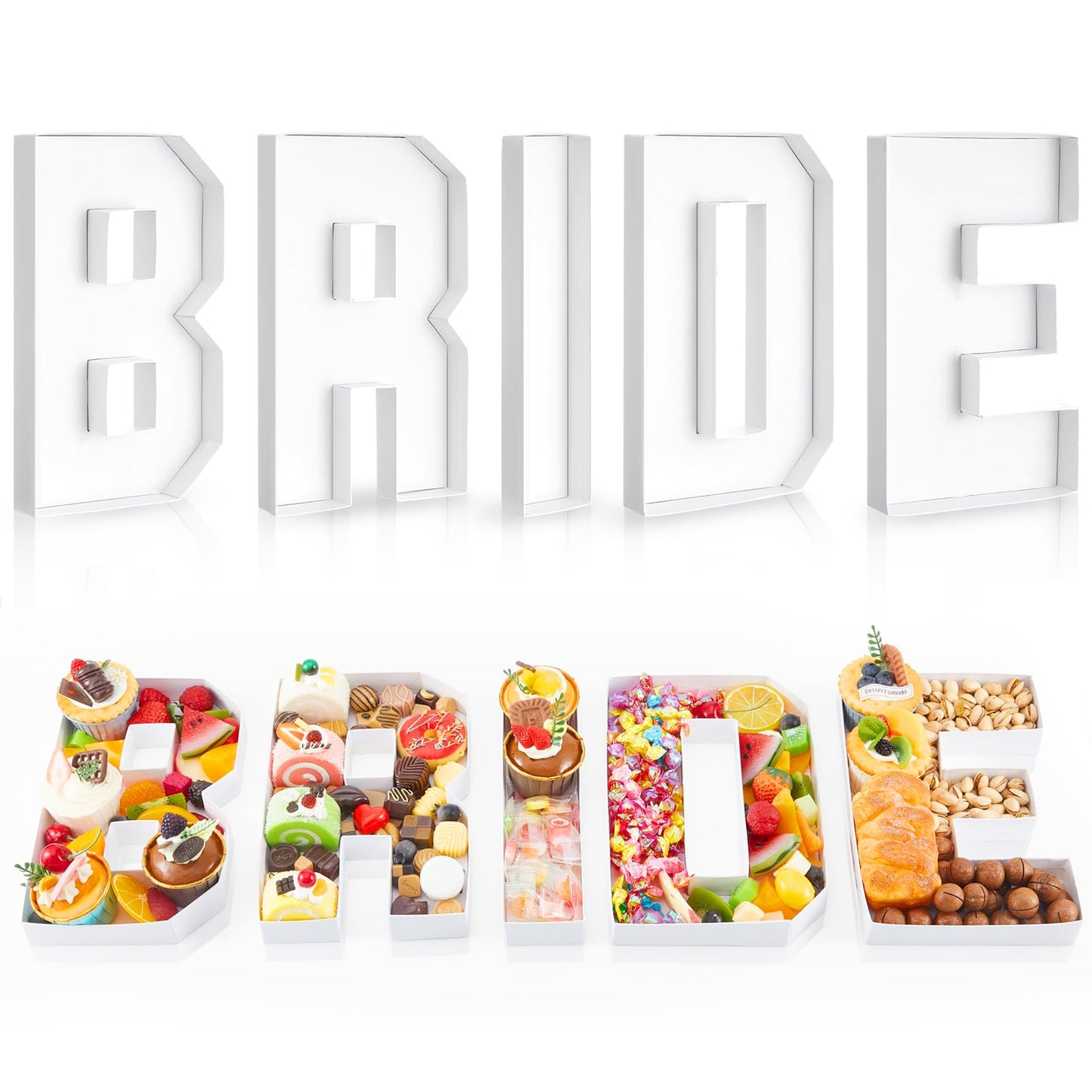 DoubleFill 5 Pcs Bride Charcuterie Letters Fillable, No Assembly Required Charcuterie Board Box Letter for Baby or Wedding Bridal Shower Food Trays Decorations, 10 x 8.27 x 1.18 Inch