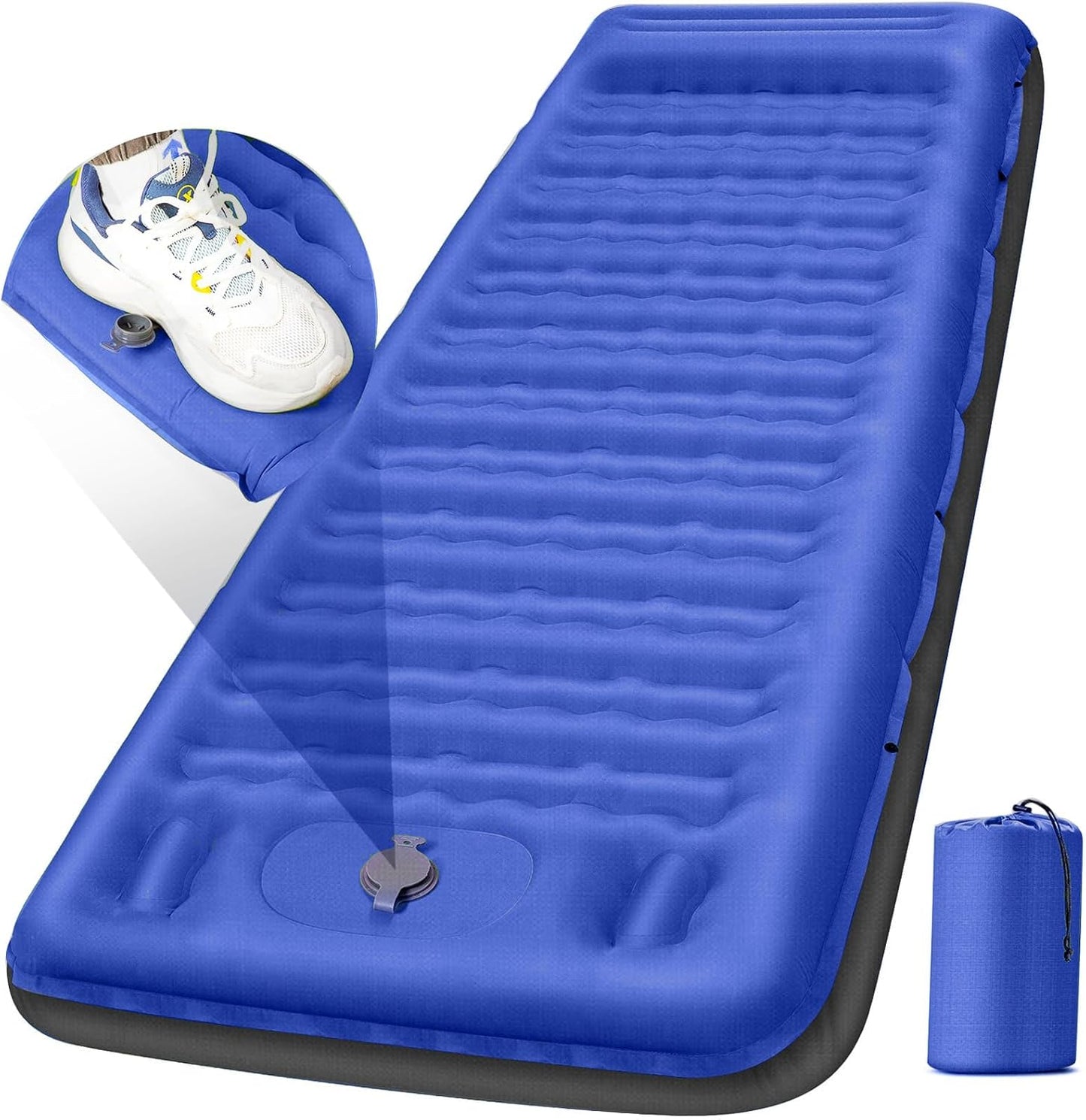 Camping Sleeping Pad 5 Inch, Inflatable Sleeping Pad with Pillow & Built-in Foot Pump - Extra Thick Air Mattress for Camping, Backpacking, Tent - Lightweight Compact Floor Bed (Blue Grey)