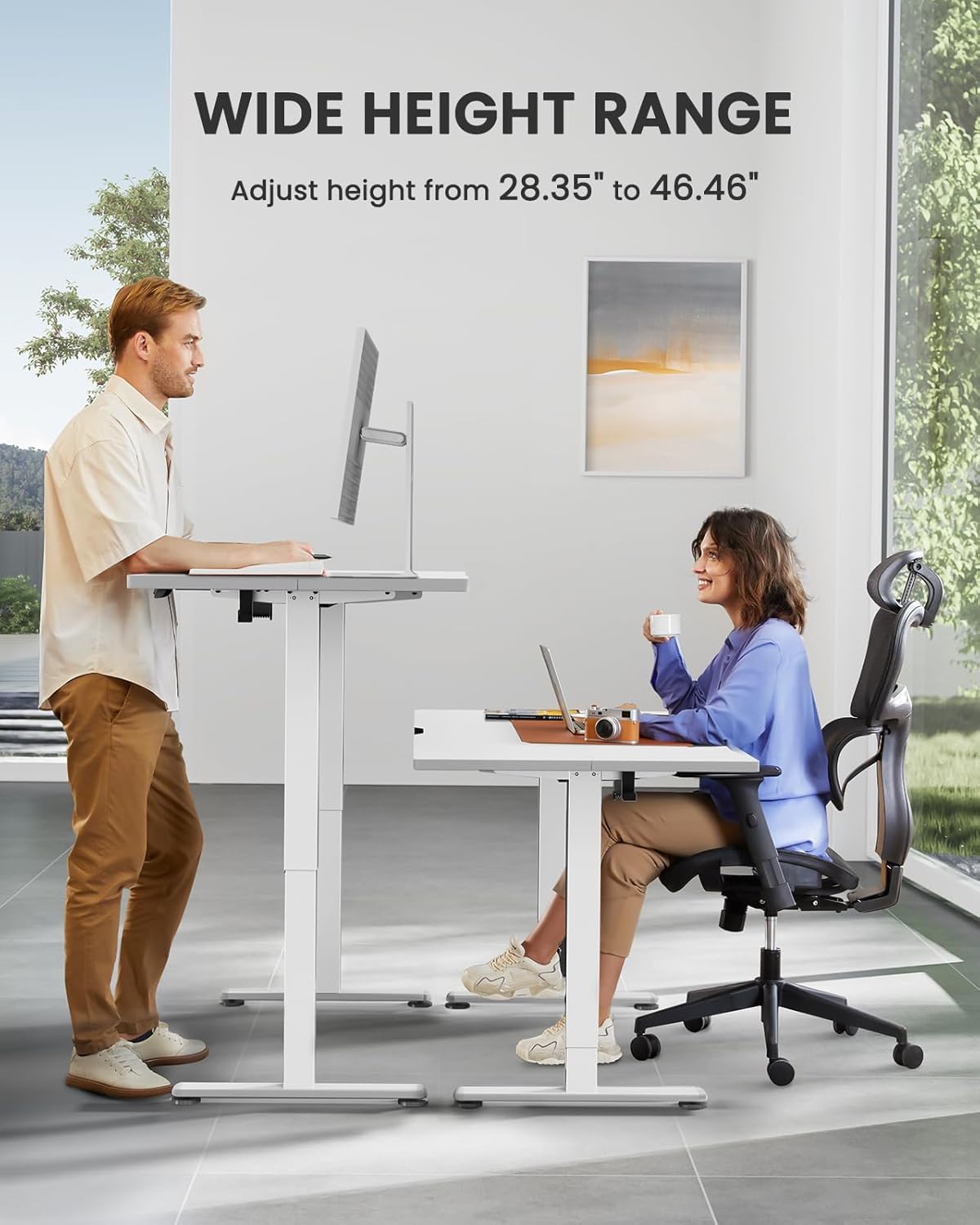 ErGear Height Adjustable Electric Standing Desk, 63 x 28 Inches Sit Stand up Desk, Large Memory Computer Home Office Desk with Two-Piece Desktop (White)